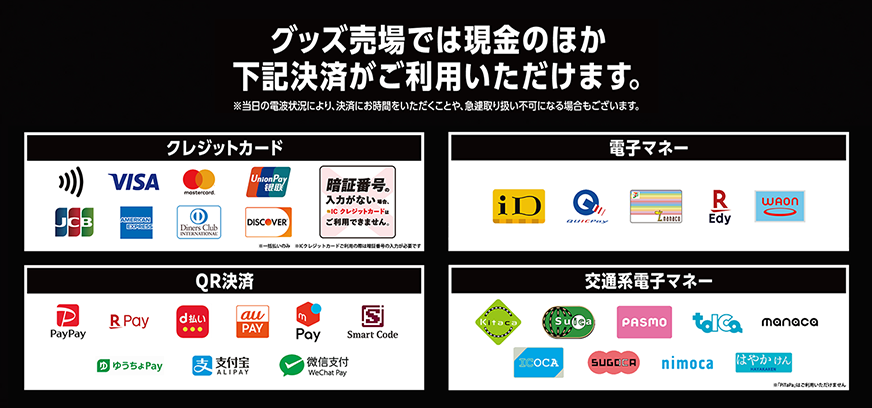 グッズ売場でご利用いただける決済方法